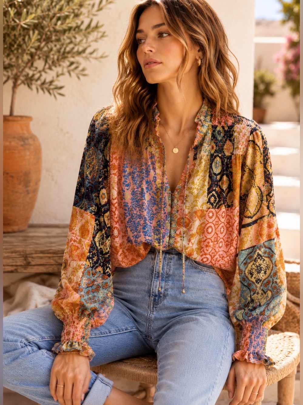 Boutique Patchwork Boho Blouse | Lined | Smocked Yoke | Size Medium